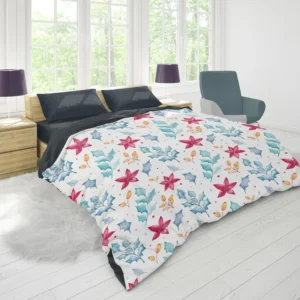 Poinsettia Flowers Holly berry Leaves Duvet Cover 1