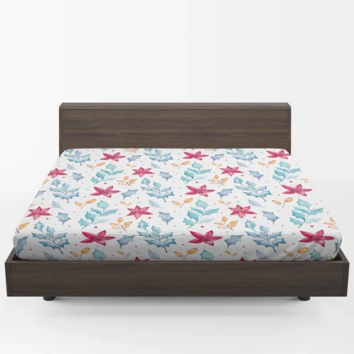 Poinsettia Flowers Holly berry Leaves Fitted Sheet 1