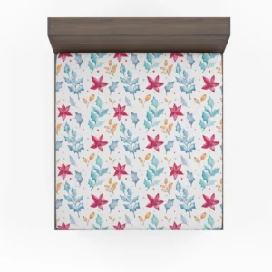 Poinsettia Flowers Holly berry Leaves Fitted Sheet