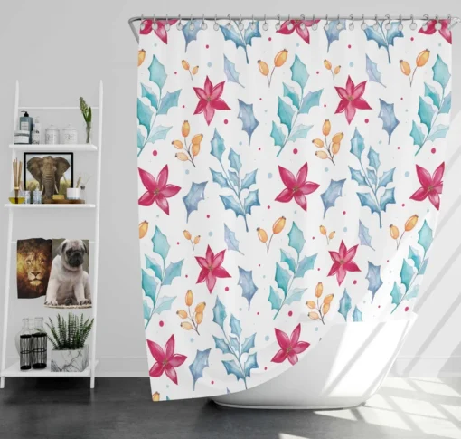 Poinsettia Flowers Holly berry Leaves Shower Curtain