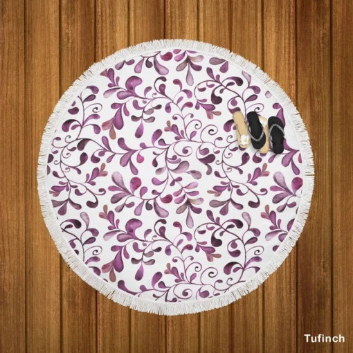 Purple Curly Vines Pattern Round Beach Towel