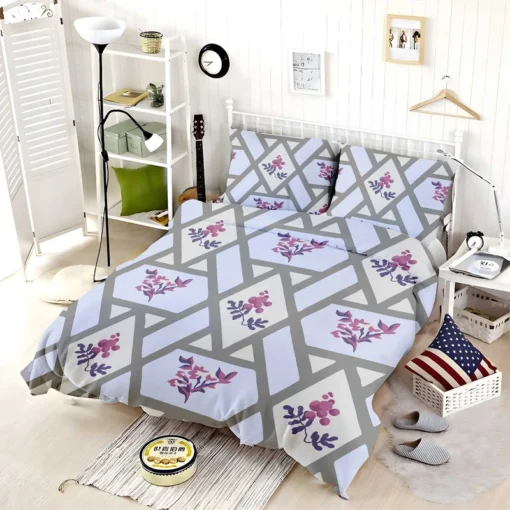 Purple Flourish On Grey Design Bedding Set