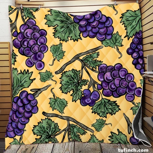 Purple Grapes Bunches And Leaves Quilt Blanket