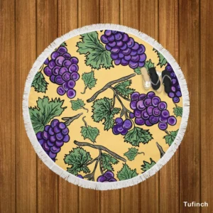 Purple Grapes Bunches And Leaves Round Beach Towel