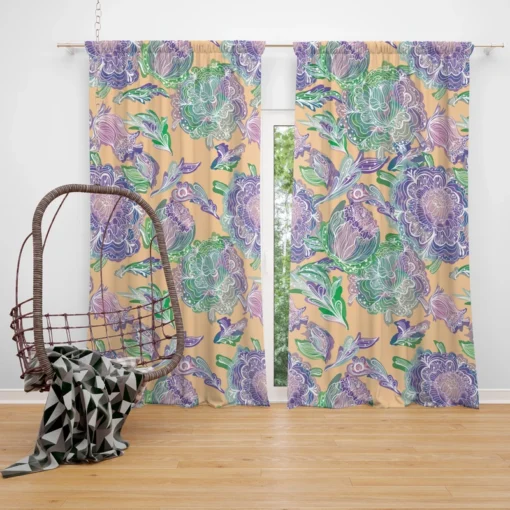 Purple Hand Drawn Floral Design Curtain