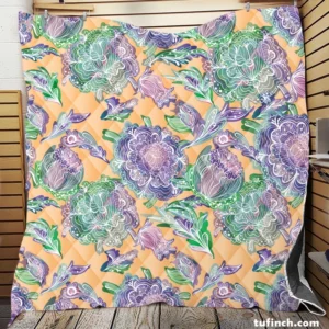 Purple Hand Drawn Floral Design Quilt Blanket