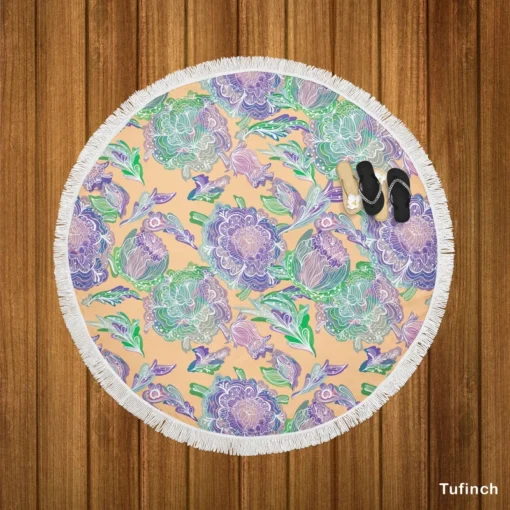 Purple Hand Drawn Floral Design Round Beach Towel