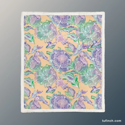 Purple Hand Drawn Floral Design Sherpa Fleece Blanket 1