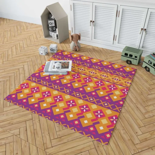 Purple Orange Songket Tribal Pattern Rug 1