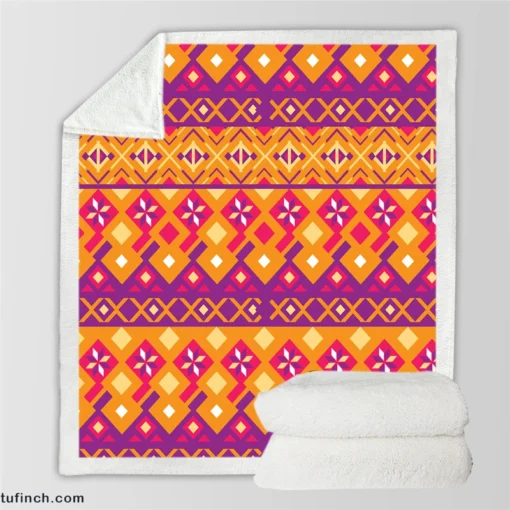 Purple Orange Songket Tribal Pattern Sherpa Fleece Blanket