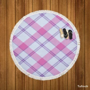 Purple Pink Checkered Plaid Pattern Round Beach Towel