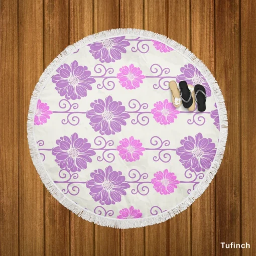 Purple Pink Floral Pattern Round Beach Towel