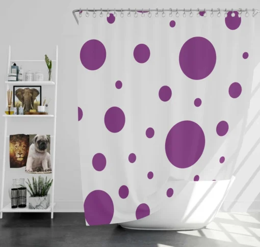 Purple Polka Dots On Grey Background Shower Curtain