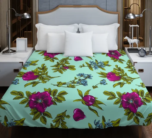 Purple Rosa Canina Floral Pattern Duvet Cover