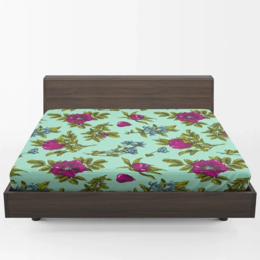 Purple Rosa Canina Floral Pattern Fitted Sheet 1