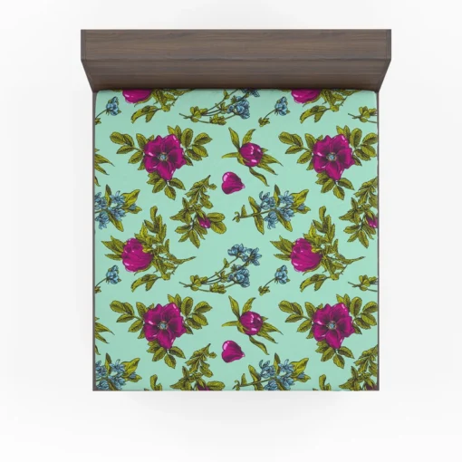 Purple Rosa Canina Floral Pattern Fitted Sheet