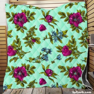 Purple Rosa Canina Floral Pattern Quilt Blanket