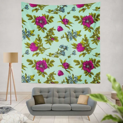 Purple Rosa Canina Floral Pattern Wall Tapestry