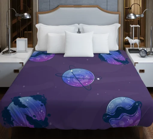 Purple Theme Saturn Planets Duvet Cover