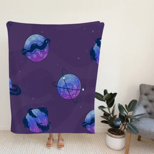 Purple Theme Saturn Planets Fleece Blanket