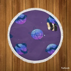 Purple Theme Saturn Planets Round Beach Towel