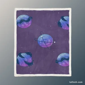 Purple Theme Saturn Planets Sherpa Fleece Blanket 1