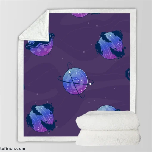 Purple Theme Saturn Planets Sherpa Fleece Blanket