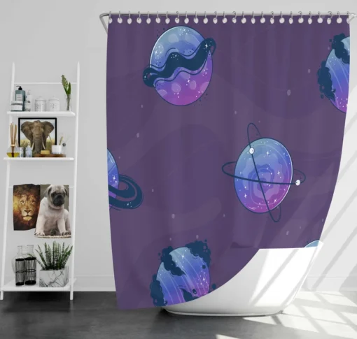 Purple Theme Saturn Planets Shower Curtain