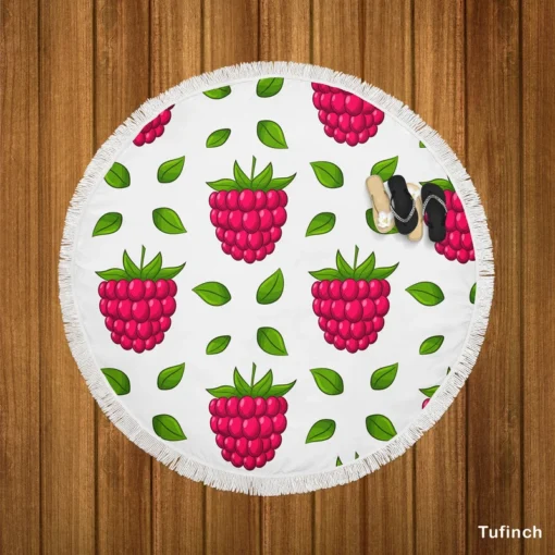 Raspberry And Leaves Pattern Round Beach Towel