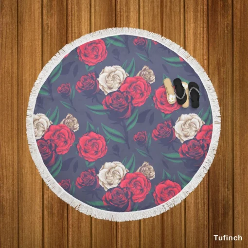 Realistic Roses Print Round Beach Towel