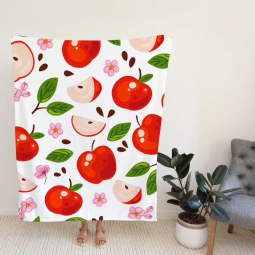 Red Apple Leaf Flower Pattern Fleece Blanket