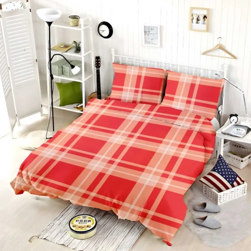 Red Beige Plaid Pattern Bedding Set