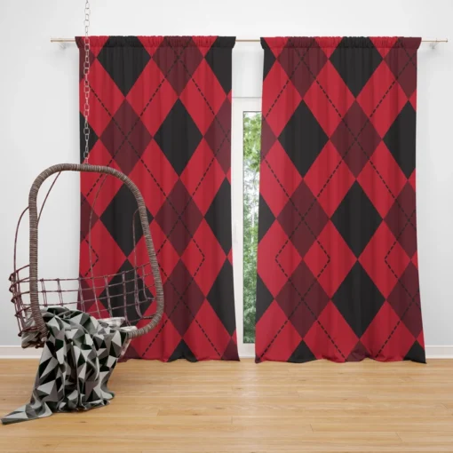 Red Black Argyle Checkered Pattern Curtain