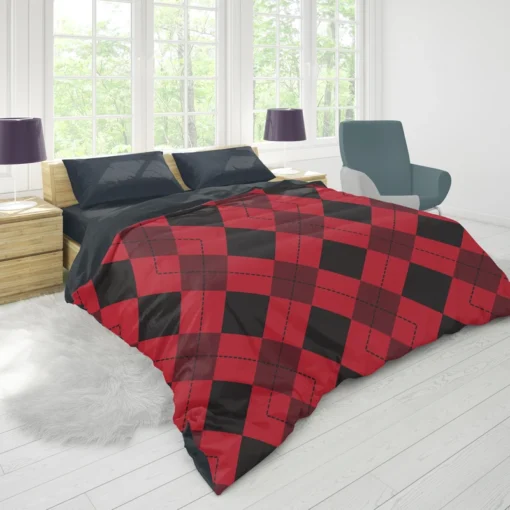 Red Black Argyle Checkered Pattern Duvet Cover 1