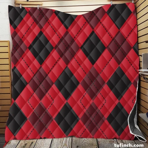 Red Black Argyle Checkered Pattern Quilt Blanket