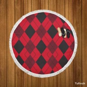 Red Black Argyle Checkered Pattern Round Beach Towel