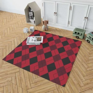 Red Black Argyle Checkered Pattern Rug 1