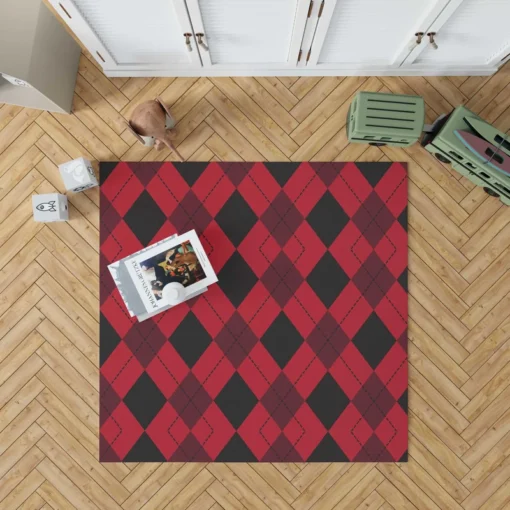 Red Black Argyle Checkered Pattern Rug