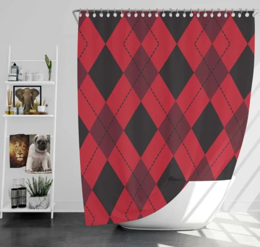 Red Black Argyle Checkered Pattern Shower Curtain