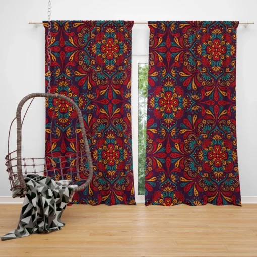 Red Blue Ethnic Floral Pattern Curtain