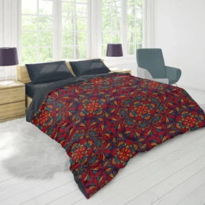 Red Blue Ethnic Floral Pattern Duvet Cover 1