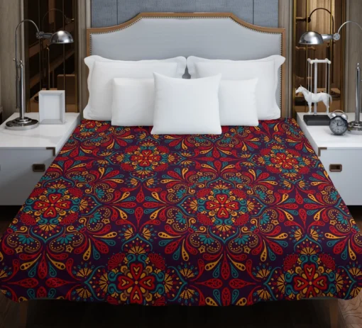 Red Blue Ethnic Floral Pattern Duvet Cover