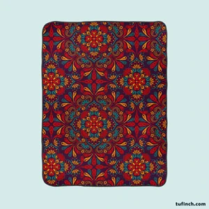 Red Blue Ethnic Floral Pattern Fleece Blanket 1