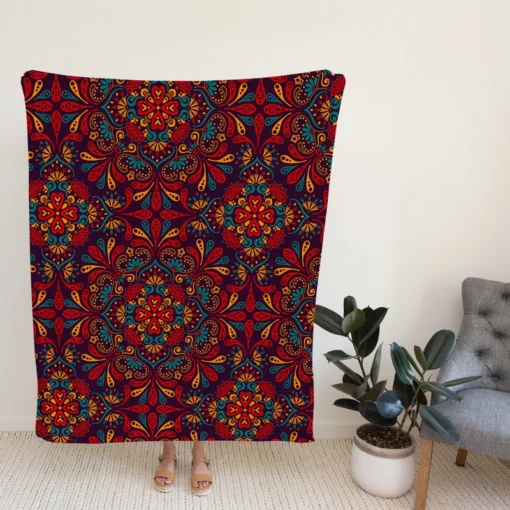 Red Blue Ethnic Floral Pattern Fleece Blanket