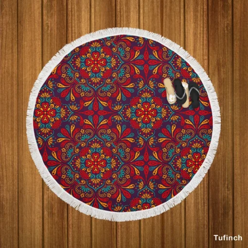 Red Blue Ethnic Floral Pattern Round Beach Towel