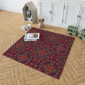 Red Blue Ethnic Floral Pattern Rug 1