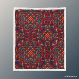 Red Blue Ethnic Floral Pattern Sherpa Fleece Blanket 1