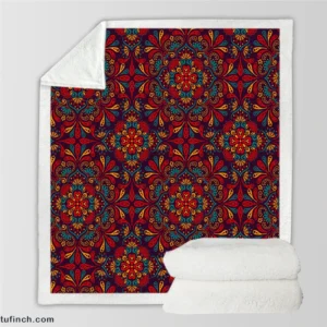 Red Blue Ethnic Floral Pattern Sherpa Fleece Blanket