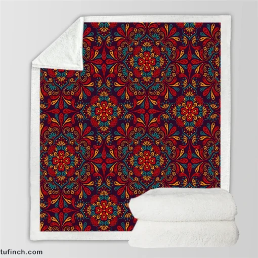 Red Blue Ethnic Floral Pattern Sherpa Fleece Blanket