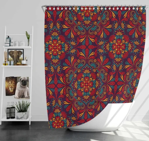 Red Blue Ethnic Floral Pattern Shower Curtain